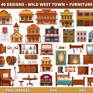Wild West Town & Furniture Clip Art, Cowboy ClipArt, Western USA Buildings, Furniture Clipart, Western Clipart, Mexico Clipart, SVG and PNG