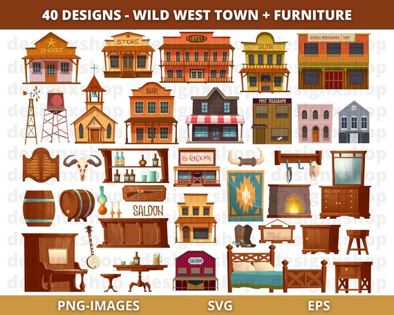 Wild West Town & Furniture Clip Art, Cowboy ClipArt, Western USA Buildings, Furniture Clipart, Western Clipart, Mexico Clipart, SVG and PNG