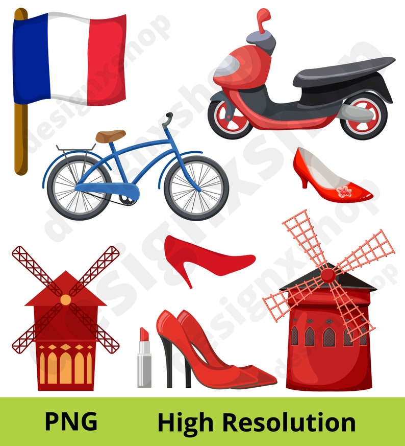 Peut inclure: Une collection d'illustrations comprenant un drapeau fran&ccedil;ais, un scooter rouge, un v&eacute;lo bleu, un escarpin rouge &agrave; fleur, un moulin &agrave; vent rouge, un escarpin rouge, un tube de rouge &agrave; l&egrave;vres et une paire d'escarpins rouges &agrave; talons noirs.