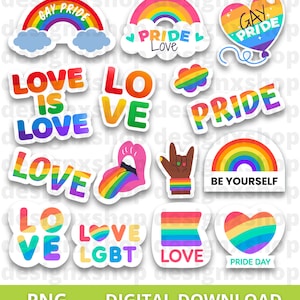 May include: A collection of colourful stickers featuring rainbow themes, hearts, and lips. Text includes GAY PRIDE, PRIDE Love, LOVE IS LOVE, LOVE, PRIDE, BE YOURSELF, LOVE LGBT, and PRIDE DAY. The designs incorporate rainbow stripes and various symbols.