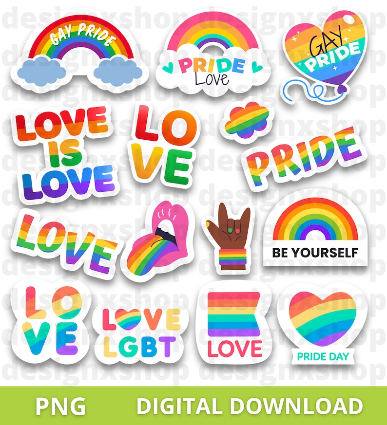 May include: A collection of colourful stickers featuring rainbow themes, hearts, and lips. Text includes GAY PRIDE, PRIDE Love, LOVE IS LOVE, LOVE, PRIDE, BE YOURSELF, LOVE LGBT, and PRIDE DAY. The designs incorporate rainbow stripes and various symbols.