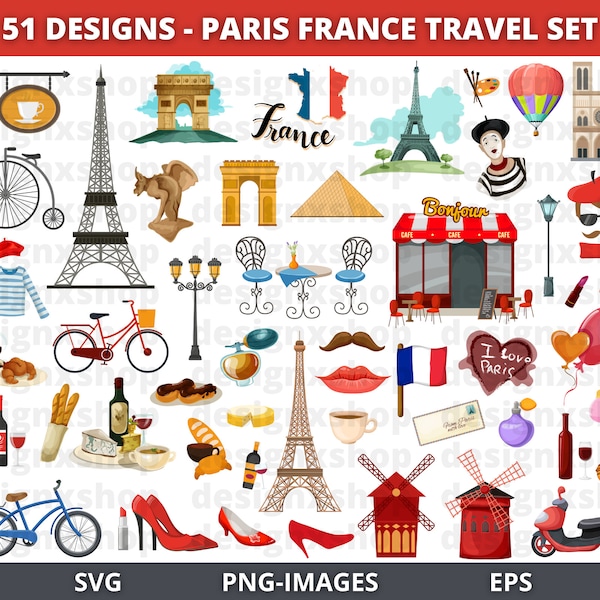 PARIS clipart, France Clipart, Travel clipart, Europe Clipart, Romantic Paris, Eiffel Tower, Landmarks, French Clipart, Instant Download