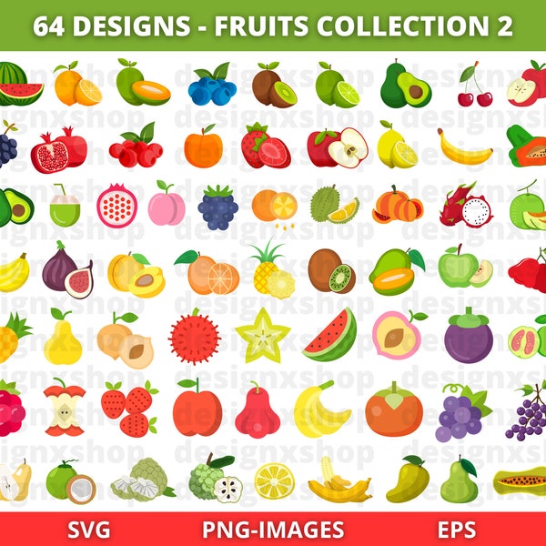 Fruits Clipart, Fruit SVG Bundle, Flat Summer Fruits, Tropical Fruits clipart, Colorful Fruits Clipart, Food Clipart, Download SVG and PNG