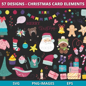Kerst clipart, kerstkaart elementen, kerstmis, nieuwjaar elementen, kerst SVG-bundel, digitale download SVG en png