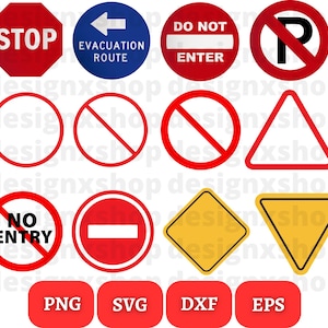 May include: A set of 10 red, blue, and yellow road signs with black text and symbols. The signs include "STOP", "EVACUATION ROUTE", "DO NOT ENTER", "NO ENTRY", and "P" with a diagonal line through it. The signs are in PNG, SVG, DXF, and EPS formats.