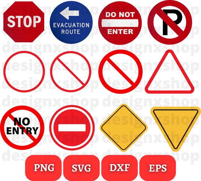 May include: A set of 10 red, blue, and yellow road signs with black text and symbols. The signs include "STOP", "EVACUATION ROUTE", "DO NOT ENTER", "NO ENTRY", and "P" with a diagonal line through it. The signs are in PNG, SVG, DXF, and EPS formats.