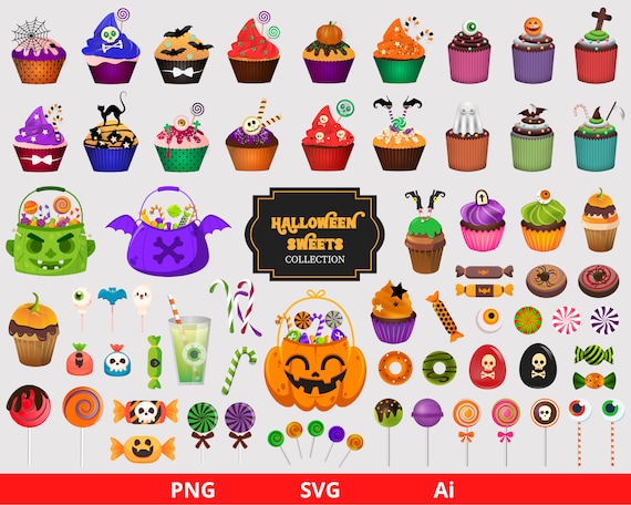 Halloween Sweets Clipart, Halloween Cupcakes Clipart, Candy and Treats Clipart, Halloween clipart, Pumpkins, Instant Download SVG and PNG