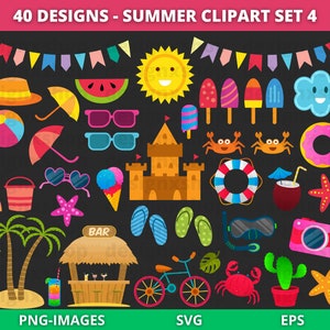 Zestaw 4 letnich clipartów, Letnie cliparty, Lody clipart, Plaża clipart, Tropikalna zabawa clipart, Natychmiastowe pobieranie SVG i PNG
