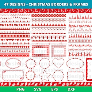 Könnte beinhalten: Eine digitale Grafik mit 47 roten und weißen Weihnachtsbordüren und -rahmen. Die Designs umfassen verschiedene Muster wie Schneeflocken, Glocken, Bäume und Rentiere. Der Text "47 DESIGNS - CHRISTMAS BORDERS & FRAMES" ist ebenfalls enthalten.