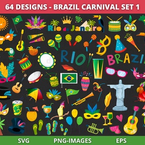 Puede incluir: Un conjunto de 64 ilustraciones coloridas de símbolos del Carnaval de Brasil, que incluyen máscaras, instrumentos musicales, banderas y comida. El texto "64 DESIGNS - BRAZIL CARNIVAL SET 1" está en la parte superior de la imagen. El texto "Rio de Janeiro" está en el centro de la imagen. El texto "RIO BRAZIL" está en la parte inferior de la imagen.