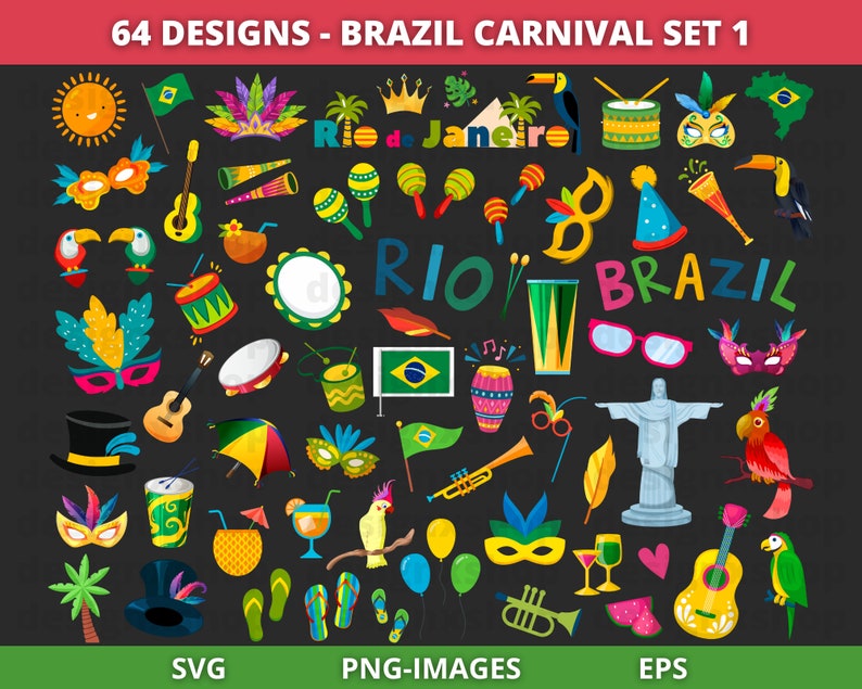 May include: A set of 64 colorful illustrations of Brazilian Carnival symbols, including masks, musical instruments, flags, and food. The text "64 DESIGNS - BRAZIL CARNIVAL SET 1" is at the top of the image. The text "Rio de Janeiro" is in the center of the image. The text "RIO BRAZIL" is at the bottom of the image.