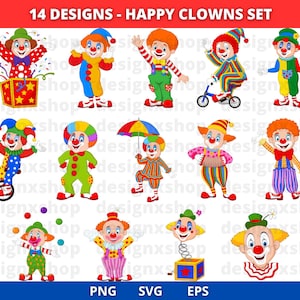 Imágenes prediseñadas de payasos, imágenes prediseñadas de circo, payaso de circo, conjunto de payasos felices, payasos divertidos y brillantes, payasadas, archivos de descarga digital SVG y PNG