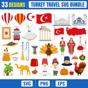 Turkije reizen SVG-bundel, 33 Turkije clipart SVG png eps, Turkse landmark vector, Istanbul pictogrammen, reizen Cricut-bestanden, silhouet snijden bestanden