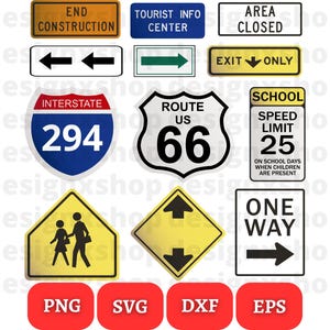 May include: A set of 10 road signs in various colors and shapes, including a school zone sign, a one-way sign, a construction sign, and a tourist information sign. The signs are all in English and feature black text on a white background. The signs are perfect for use in a craft project or for decorating a room with a road trip theme.