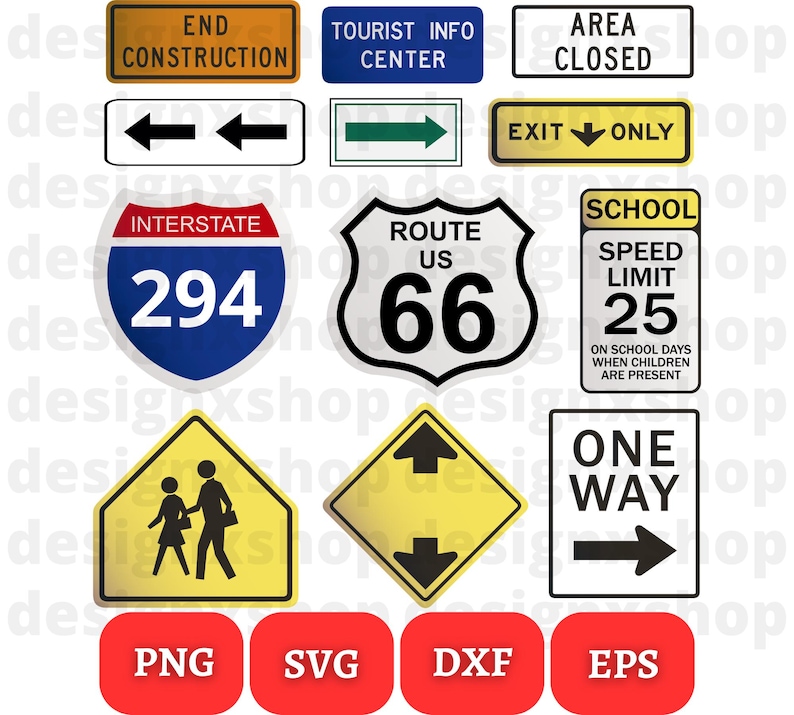 May include: A set of 10 road signs in various colors and shapes, including a school zone sign, a one-way sign, a construction sign, and a tourist information sign. The signs are all in English and feature black text on a white background. The signs are perfect for use in a craft project or for decorating a room with a road trip theme.