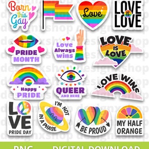 May include: A collection of fourteen colourful stickers featuring rainbow pride themes, including text such as Born this Gay, Love is Love, Pride Month, Love Always Wins, Happy Pride, Queer and Here, Love Wins, Love Pride Day, I'm Not in a Phase, Be Proud, and My Half Orange.