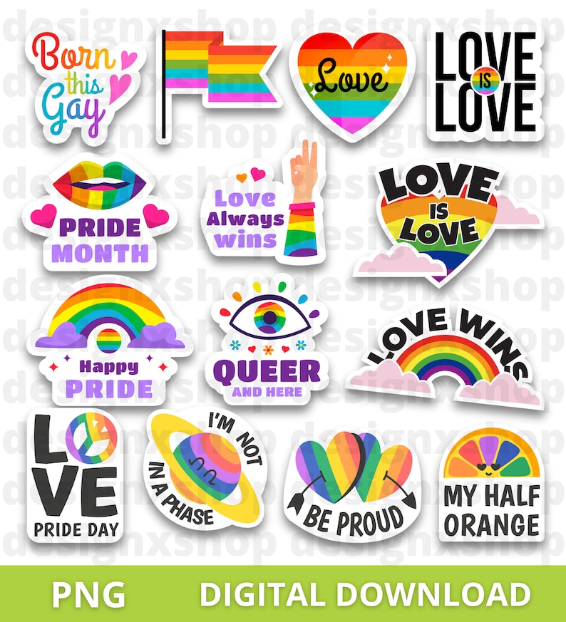 May include: A collection of fourteen colourful stickers featuring rainbow pride themes, including text such as Born this Gay, Love is Love, Pride Month, Love Always Wins, Happy Pride, Queer and Here, Love Wins, Love Pride Day, I'm Not in a Phase, Be Proud, and My Half Orange.