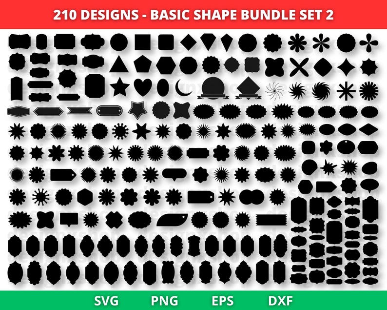 May include: A set of 210 black and white basic shape designs. The shapes include circles, squares, stars, hearts, and more. The designs are perfect for crafting, scrapbooking, and other creative projects.