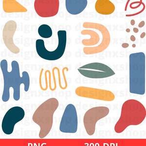 May include: A collection of abstract shapes in various colors, including blue, green, yellow, red, and brown. The shapes are organic and free-flowing, creating a modern and artistic design.