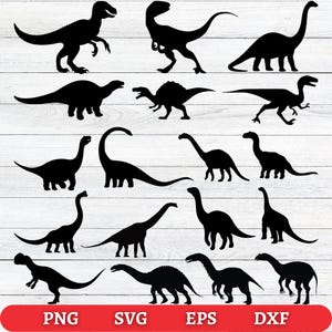 May include: A collection of black dinosaur silhouettes in various poses against a white wood-grain background. The image includes text at the bottom: PNG, SVG, EPS, and DXF, indicating file formats.