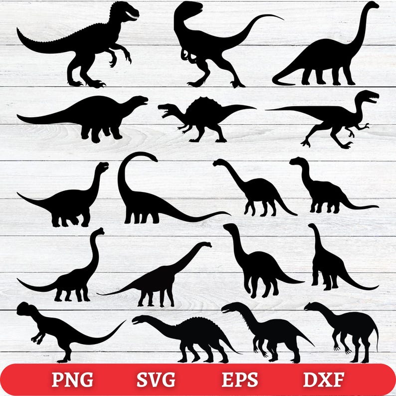 May include: A collection of black dinosaur silhouettes in various poses against a white wood-grain background. The image includes text at the bottom: PNG, SVG, EPS, and DXF, indicating file formats.