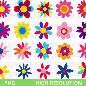 May include: Set of 20 colorful flower clip art images. The flowers are in various colors, including red, blue, yellow, green, and purple. Each flower has a simple design with five petals and a center circle.