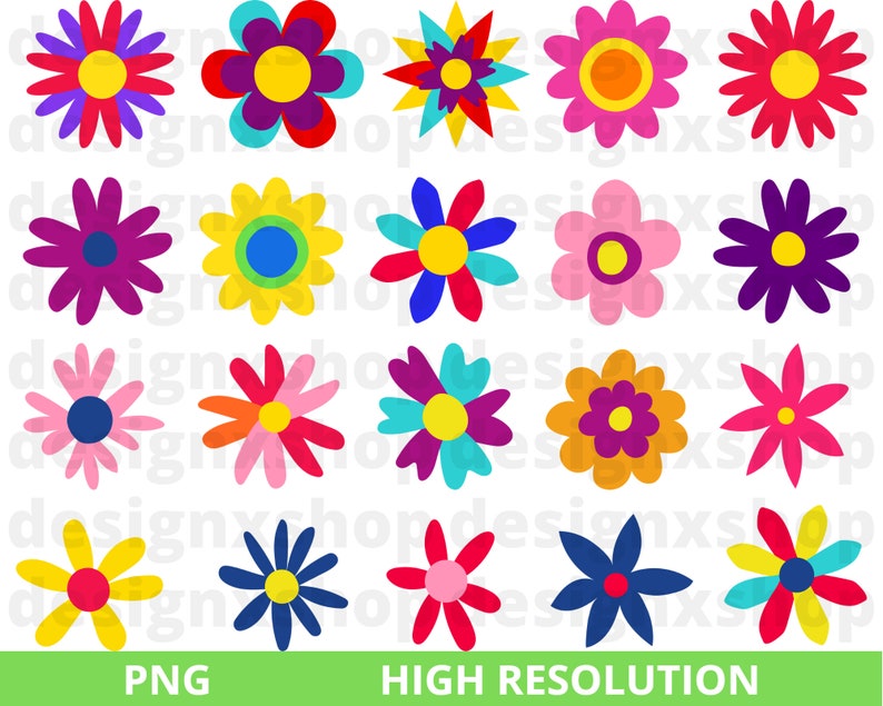 May include: Set of 20 colorful flower clip art images. The flowers are in various colors, including red, blue, yellow, green, and purple. Each flower has a simple design with five petals and a center circle.