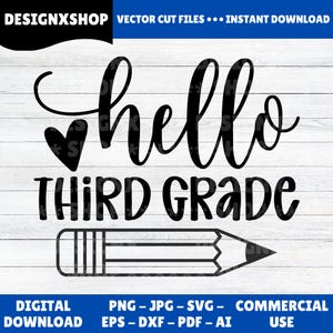 Peut inclure: Conception numérique en noir et blanc avec les mots "hello third grade" et un symbole de cœur. Un dessin de crayon est en dessous du texte. La conception est pour un téléchargement instantané et une utilisation commerciale.