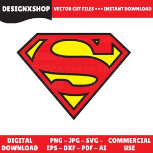 May include: A red and yellow Superman logo, a diamond shape with a yellow "S" inside. The logo is outlined in black. The image also includes the text "DESIGNXSHOP" and "VECTOR CUT FILES... INSTANT DOWNLOAD".