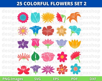 May include: Set of 25 colorful flower illustrations in various styles, including lilies, hibiscus, and roses. The flowers are in a variety of colors, including red, blue, yellow, pink, and orange. The illustrations are perfect for crafting, scrapbooking, or digital design.