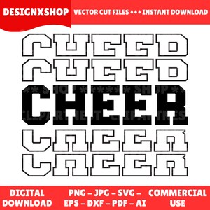 May include: A digital download graphic with the word "CHEER" in bold black letters, surrounded by the word "PUCED" in white, outlined letters. The graphic also includes the text "DESIGNXSHOP" and file type information.