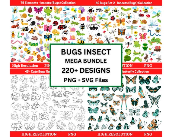 Bugs SVG Mega Bundle, Bugs Clipart, Bugs Svg Bundle, Insects clipart, butterfly, ladybug, Spring, Animal clipart, Bugs Outline Svg and Png