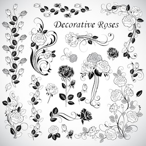 May include: A set of black and white decorative rose illustrations. The roses are in various styles, including single roses, bouquets, and vines. The illustrations are perfect for adding a touch of elegance to any project.