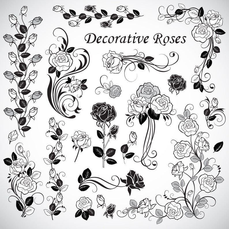 May include: A set of black and white decorative rose illustrations. The roses are in various styles, including single roses, bouquets, and vines. The illustrations are perfect for adding a touch of elegance to any project.