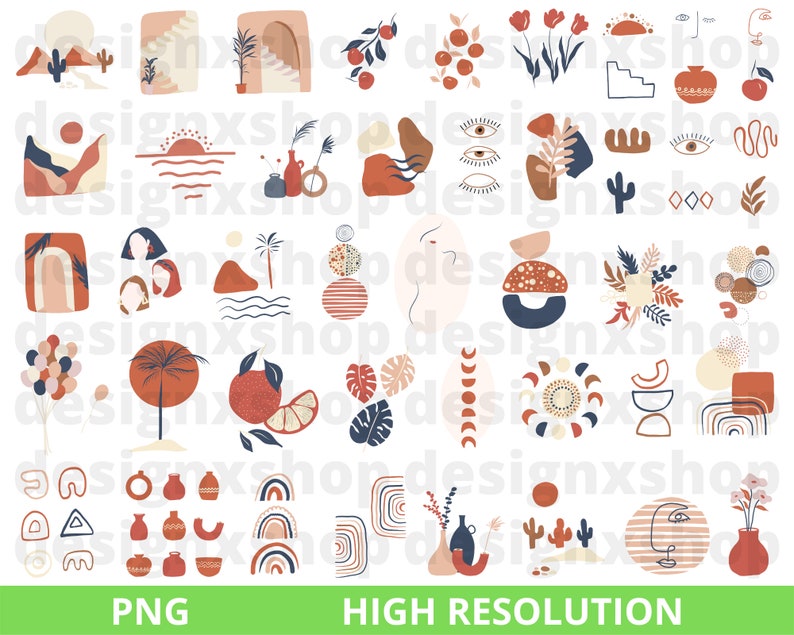 May include: A set of 40 digital clipart illustrations in a boho style with a color palette of terracotta, peach, cream, and blue. The illustrations include abstract shapes, plants, and geometric patterns.