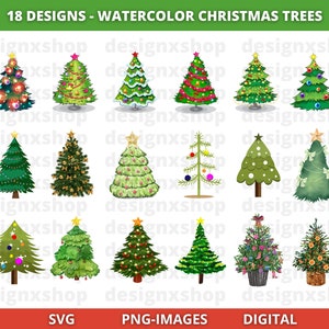 Clipart di alberi di Natale ad acquerello, clipart di alberi dipinti / illustrazioni di Natale / grafica PNG / clipart di alberi di Natale ad acquerello
