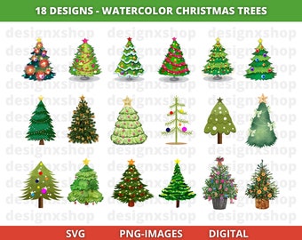 Watercolor Christmas Trees Clipart: PNG & SVG Graphics (Digital Download)