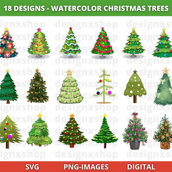 Watercolor Christmas Trees clipart, Painted Tree Clipart | Christmas Illustrations | PNG Graphics | Watercolor xmas trees clipart