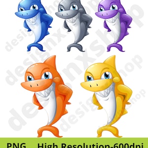 May include: Five cartoon sharks in different colors: blue, gray, purple, orange, and yellow. Each shark has a toothy grin and is standing with its fins up.
