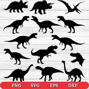 May include: Black dinosaur silhouettes in various poses, including Triceratops, Tyrannosaurus Rex, and Pterodactyl. The image includes the file type options: PNG, SVG, EPS, and DXF in a red banner at the bottom. Perfect for crafting projects.