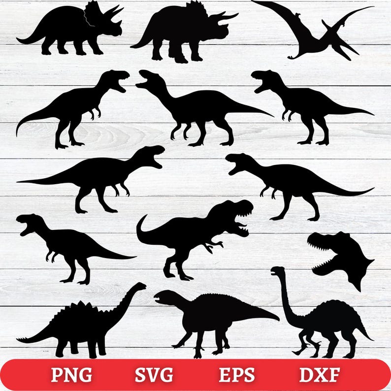 May include: Black dinosaur silhouettes in various poses, including Triceratops, Tyrannosaurus Rex, and Pterodactyl. The image includes the file type options: PNG, SVG, EPS, and DXF in a red banner at the bottom. Perfect for crafting projects.