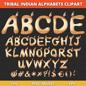 Tribal Indian Alphabet Clipart, Alphabet Clipart, Tribal Font SVG, Letters with Feathers, Tribal Letters Clipart, Instant Download PNG, SVG