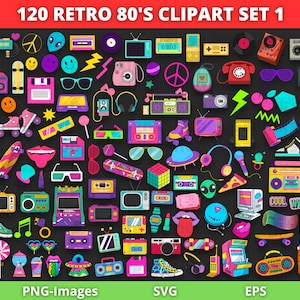 File digitali retrò anni '80, file digitali nostalgici anni '90, groovy, decenni, retrò, neon, estetica, clipart Y2K, clipart anni '80, SVG PNG EPS