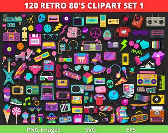 Retro 80s Digital Files, Nostalgic 90s Digital Files, Groovy, Decades, Retro, Neon, Aesthetic, Y2K clipart, 80s clipart, SVG PNG EPS