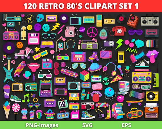 Retro 80s Digital Files, Nostalgic 90s Digital Files, Groovy, Decades, Retro, Neon, Aesthetic, Y2K clipart, 80s clipart, SVG PNG EPS