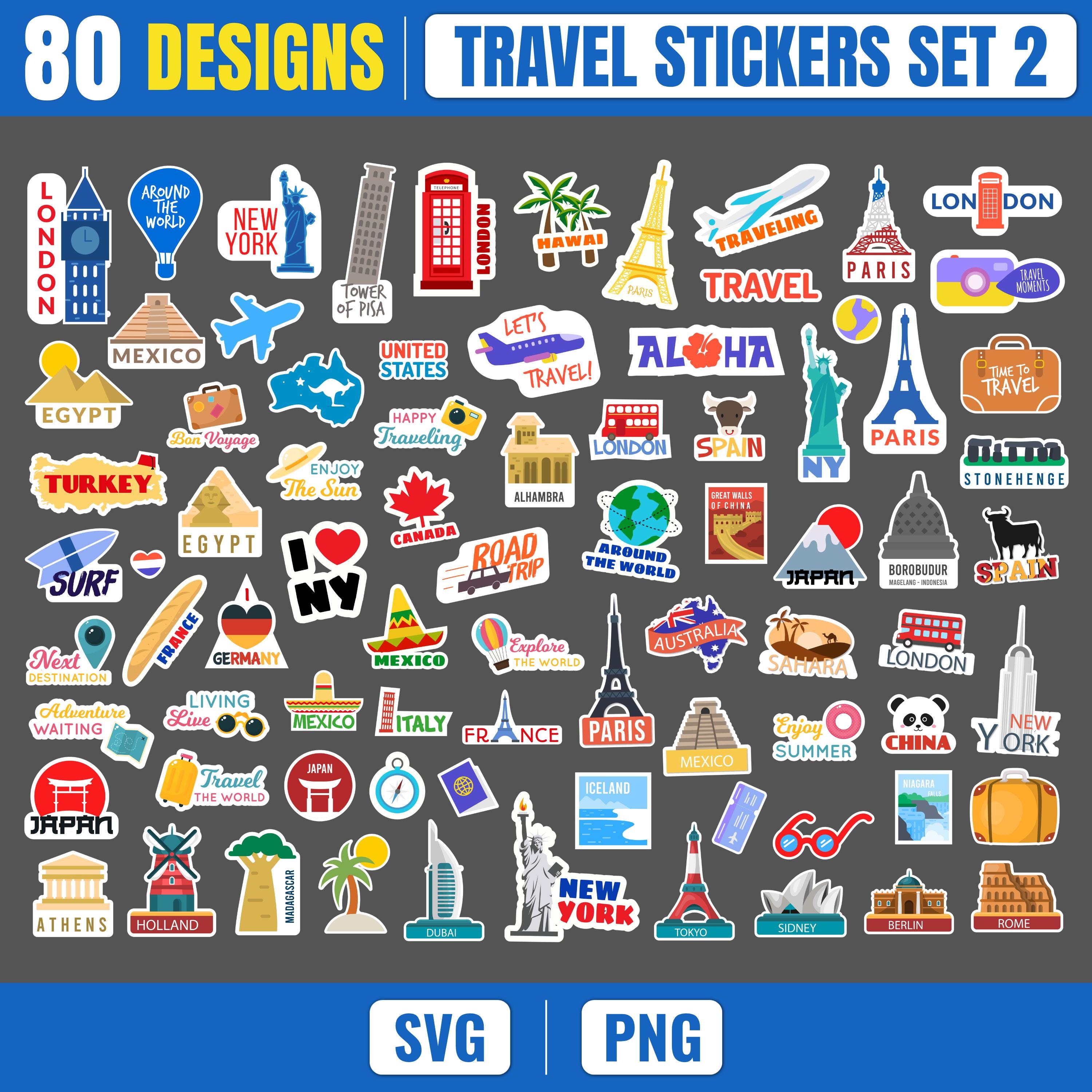 Travel Stickers SVG Bundle | 80 Travel Sticker Designs | Vacation