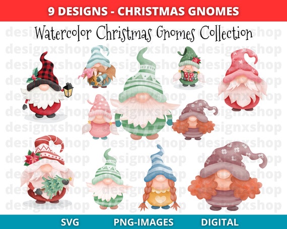 Christmas Gnome Clipart, Watercolor Gnome, Christmas Clipart PNG, Gnome Clipart, Scandinavian, Nordic Gnomes, Gnome Family Clipart, SVG