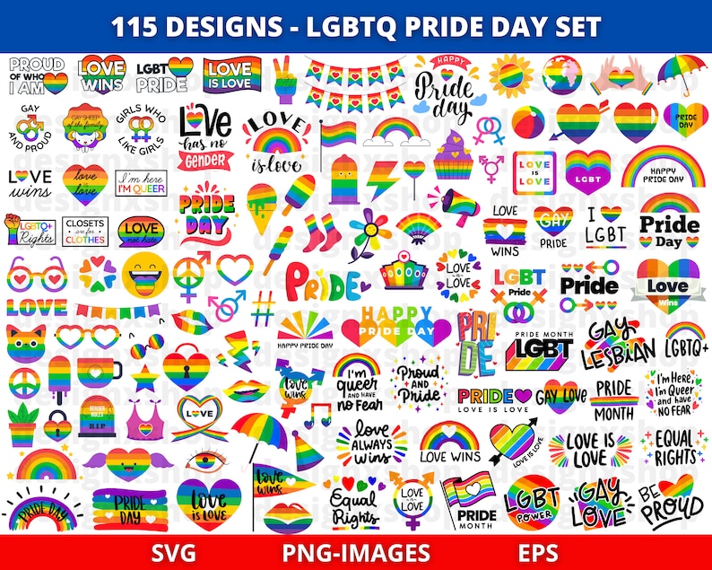May include: A collection of 115 colorful LGBTQ Pride Day graphic designs featuring rainbows, hearts, and text such as Love Wins, Pride Day, and Equal Rights. The set includes various illustrations like flags, glasses, and symbols in a grid layout.