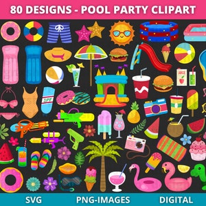 Pool Party Clipart, Sommer Clipart, Pool Grafiken, Schwimmen, Ananas, Grillen, Eis am Stil, Schwimmen, Spaß, Geburtstag, Party Clipart