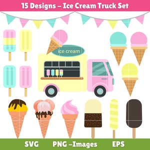 Clipart digital de caminhão de sorvete para scrapbooking, arquivos de corte Cricut, sublimação, criação de cartões e adesivos, artesanato em papel, SVG, PNG
